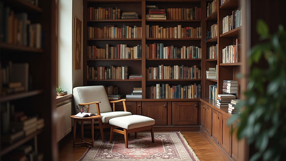 Eye-level view of a cozy reading nook filled with books and a comfortable chair
