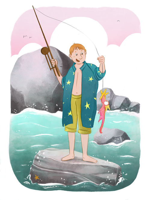 Illustration eines Jungen beim Angeln am Meer