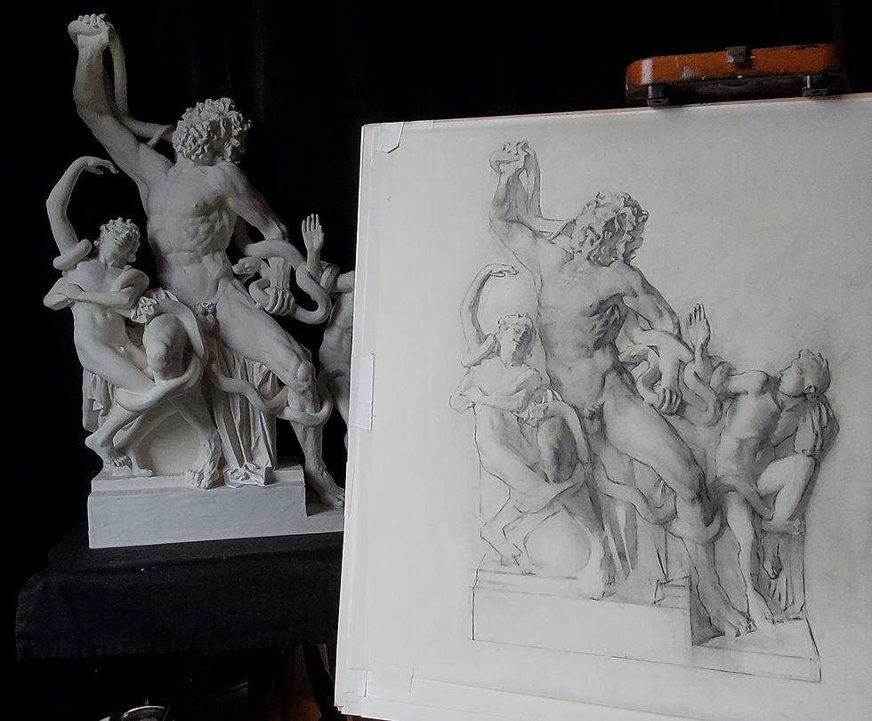 Shaded drawing of the Laocoon Statue in graphite by Sadie Valeri