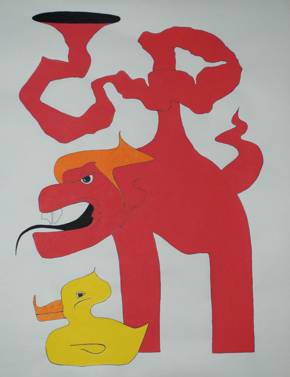trompet bull sassy duck illustration red yellow riso A2 acryl fineliner