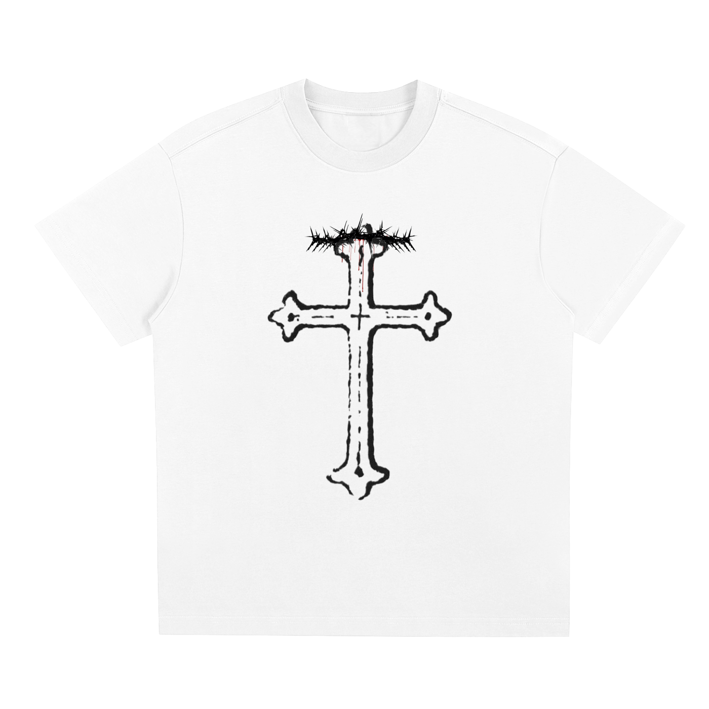 White t-shirt with distressed cross and crown of thorns