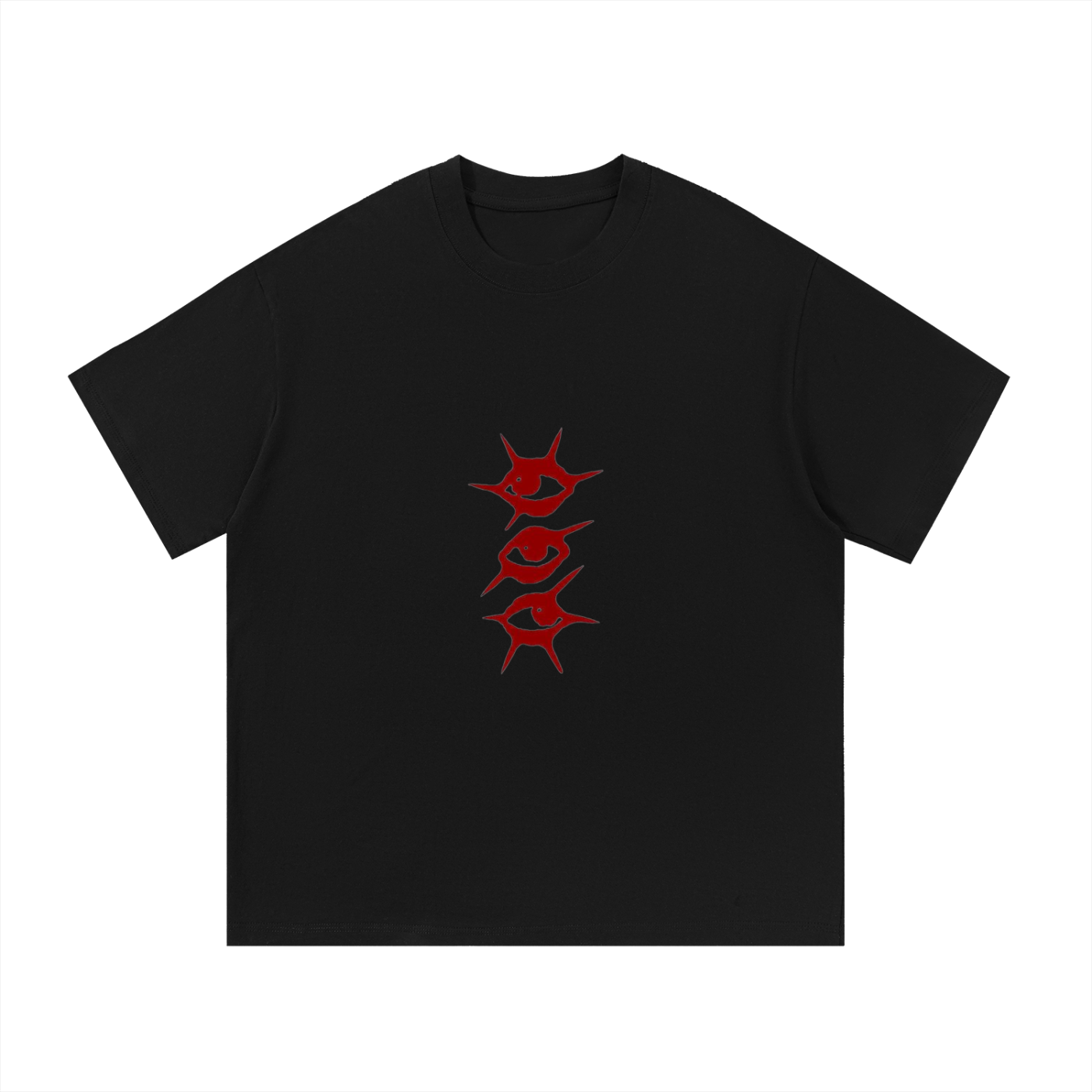 Black t-shirt with 3 red jagged eye symbols