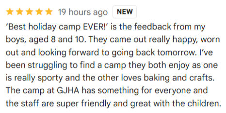 "5-star Google review from a parent about Epic Camps in Newcastle, praising the fun, staff and wraparound care"