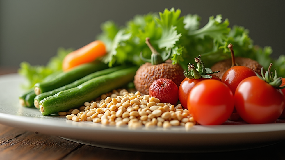 close-up view of a healthy meal with fresh vegetables and grains