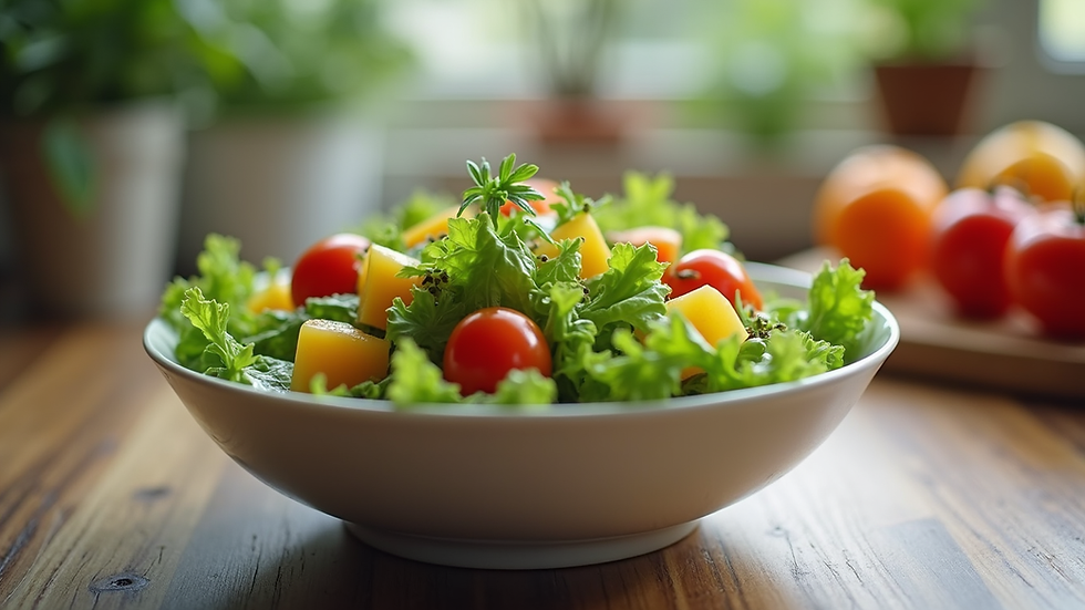 Eye-level view of a colorful salad bowl