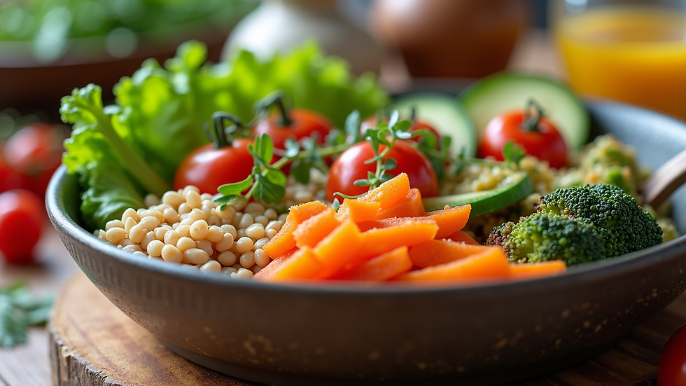 Close-up view of a healthy meal with colorful vegetables and grains