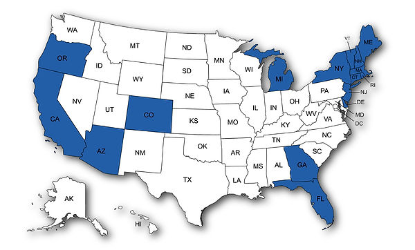 Boynton Insurance Group licensed states map - AZ, CA, CO, CT, DE, FL, GA, MA, ME, MI, NH, NJ, NY, OR, RI, VT