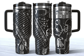 Football graphics engraved on a black stainless steel 40oz tumbler with a handle.