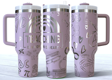 Teacher graphics engraved on a rose quartz stainless steel 40oz tumbler with a handle.