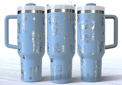 Paw characters  engraved on a sky blue 40oz stainless steel tumbler with a handle.