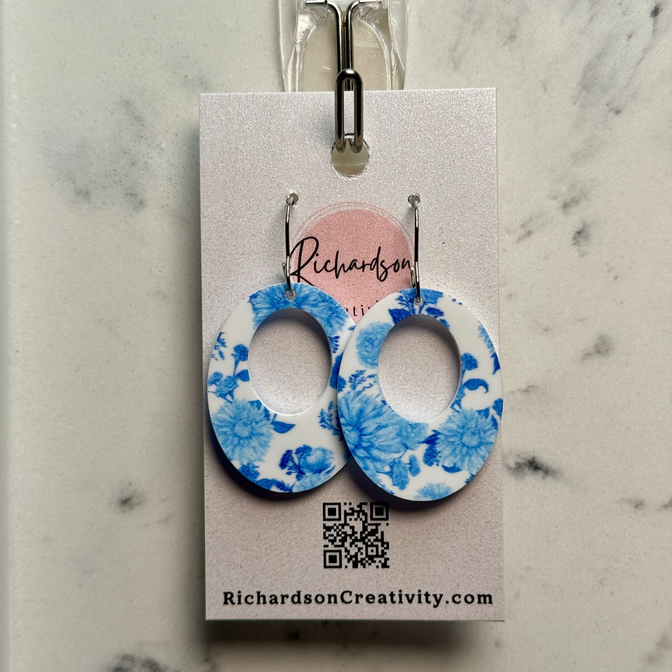 blue floral oval acrylic earring