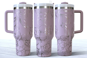 Orchids  engraved on a lilac stainless steel 40oz tumbler with a handle.