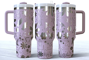Nurse doodles with daisies engraved on a lilac stainless steel 40oz tumbler with a handle.