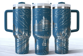 A cruise ship engraved on a navy stainless steel 40oz tumbler with a handle.
