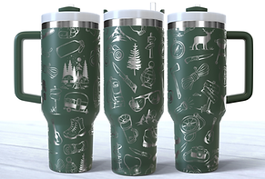 Camping doodles engraved on a green stainless steel 40oz tumbler with a handle.