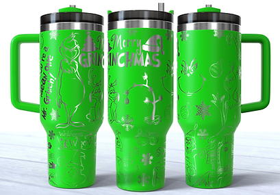 The Grinch doodles engraved on a lime green 40oz stainless steel tumbler with a handle.
