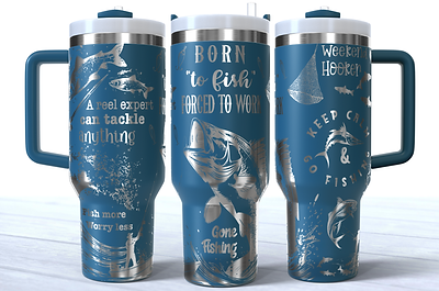 Born to fish engraved on a navy stainless steel 40oz tumbler with a handle.