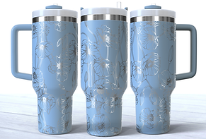 Poppies engraved on a sky blue stainless steel 40oz tumbler with a handle.