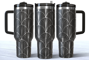 Art deco (fan shapes) engraved on a black stainless steel 40oz tumbler with a handle.
