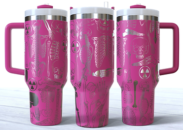 Radioligist doodles with bones engraved on a hot pink stainless steel 40oz tumbler with a handle.