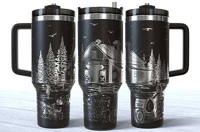 Farmhouse engraved on a black stainless steel 40oz tumbler with a handle.
