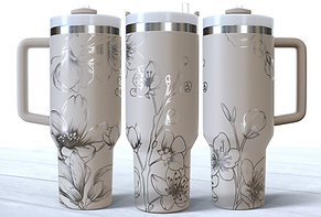 Cherry Blossoms engraved on a rose quartz stainless steel 40oz tumbler with a handle.