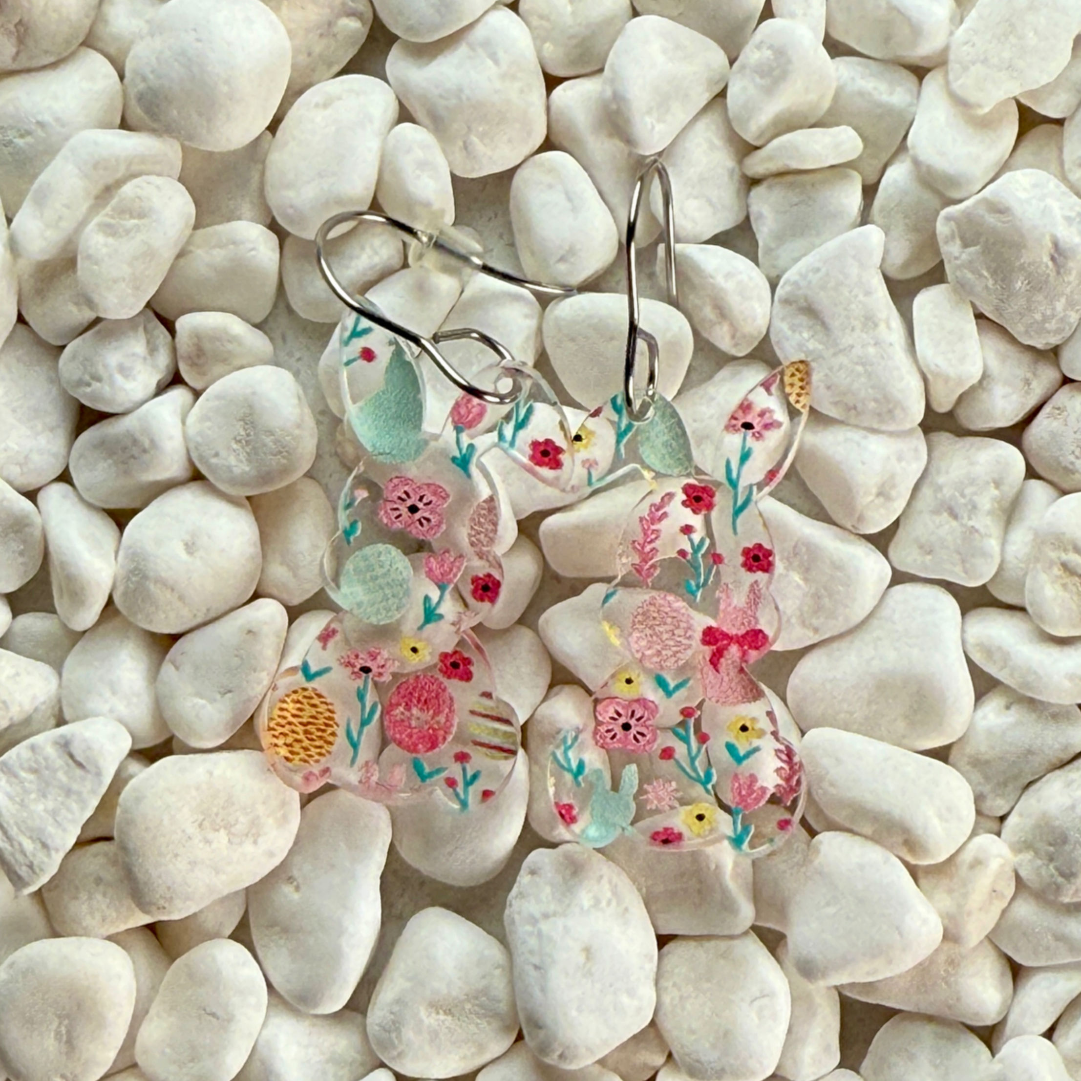 Easter Pattern on Clear Acrylic Floppy Bunny Earrings