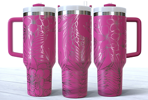 Tropica plans engraved on a hot pink stainless steel 40oz tumbler with a handle.