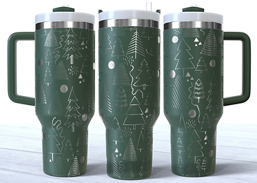 Trees engraved on a green stainless steel 40oz tumbler with a handle.