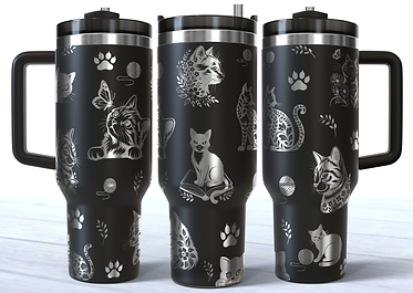 Cats and flowers engraved on a black 40oz stainless steel tumbler with a handle.