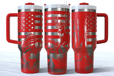 Flag and soldier engraved on a red stainless steel 40oz tumbler with a handle.