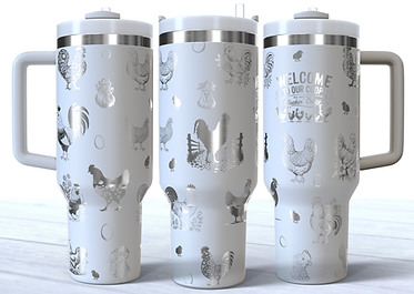 Chickens engraved on white stainless steel 40 oz tumbler with handle