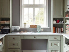A home sewing studio displaying sewing machine and storage units filled with fabrics and sewing equipment