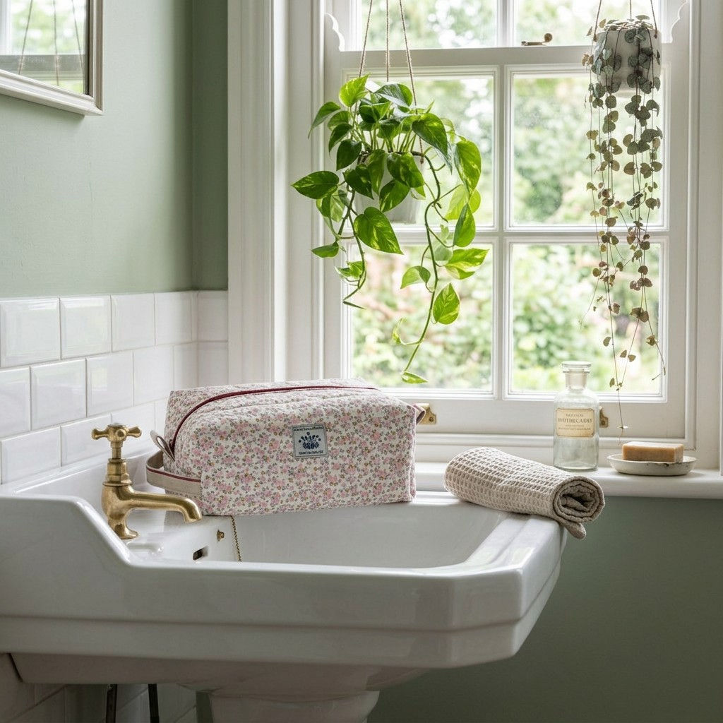 Country cottage bathroom with large sash window and a floral quilted wash bag displayed on a white wash basin sink.