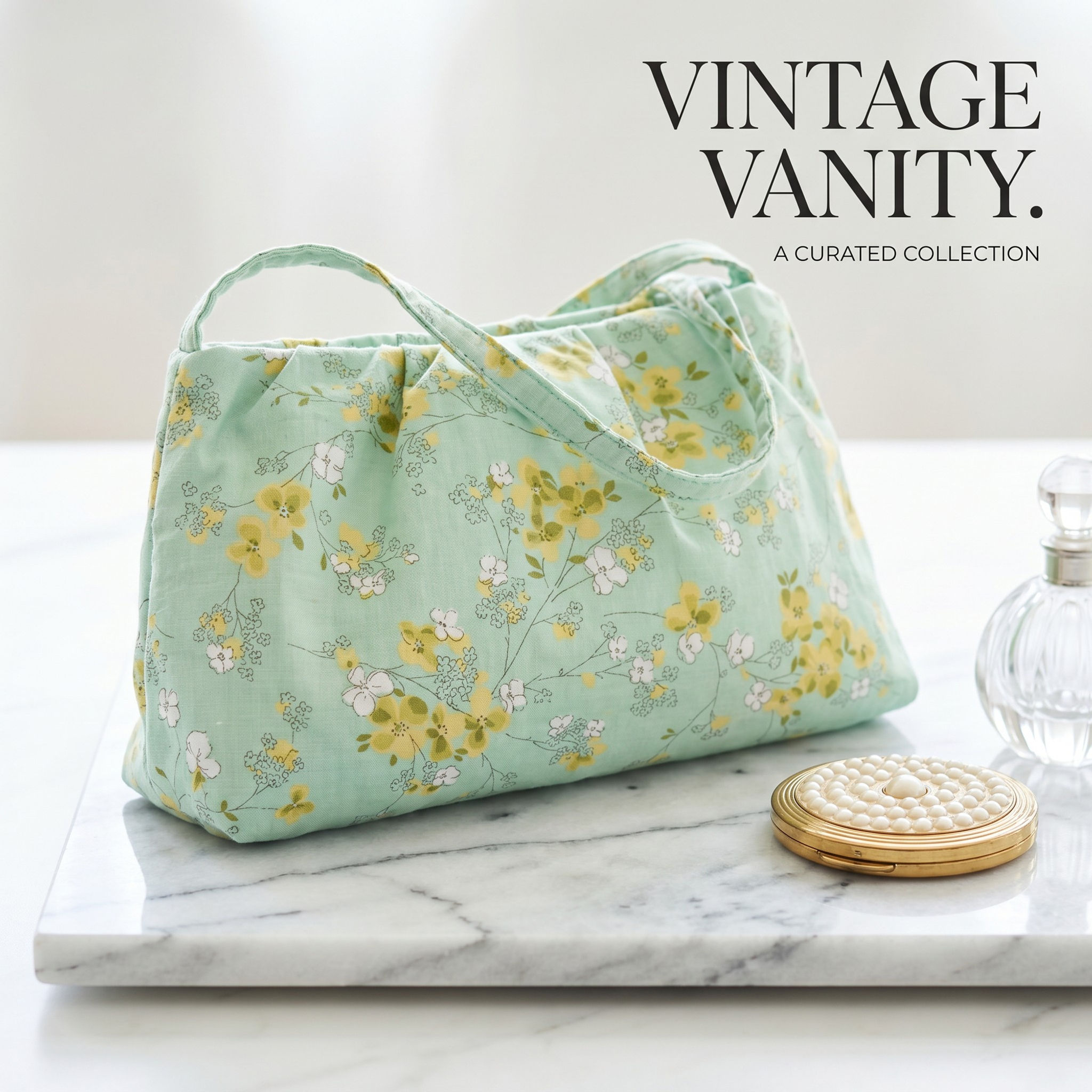 Floral fabric pouch on a marble surface with a gold compact and faceted perfume bottle arranged beside it