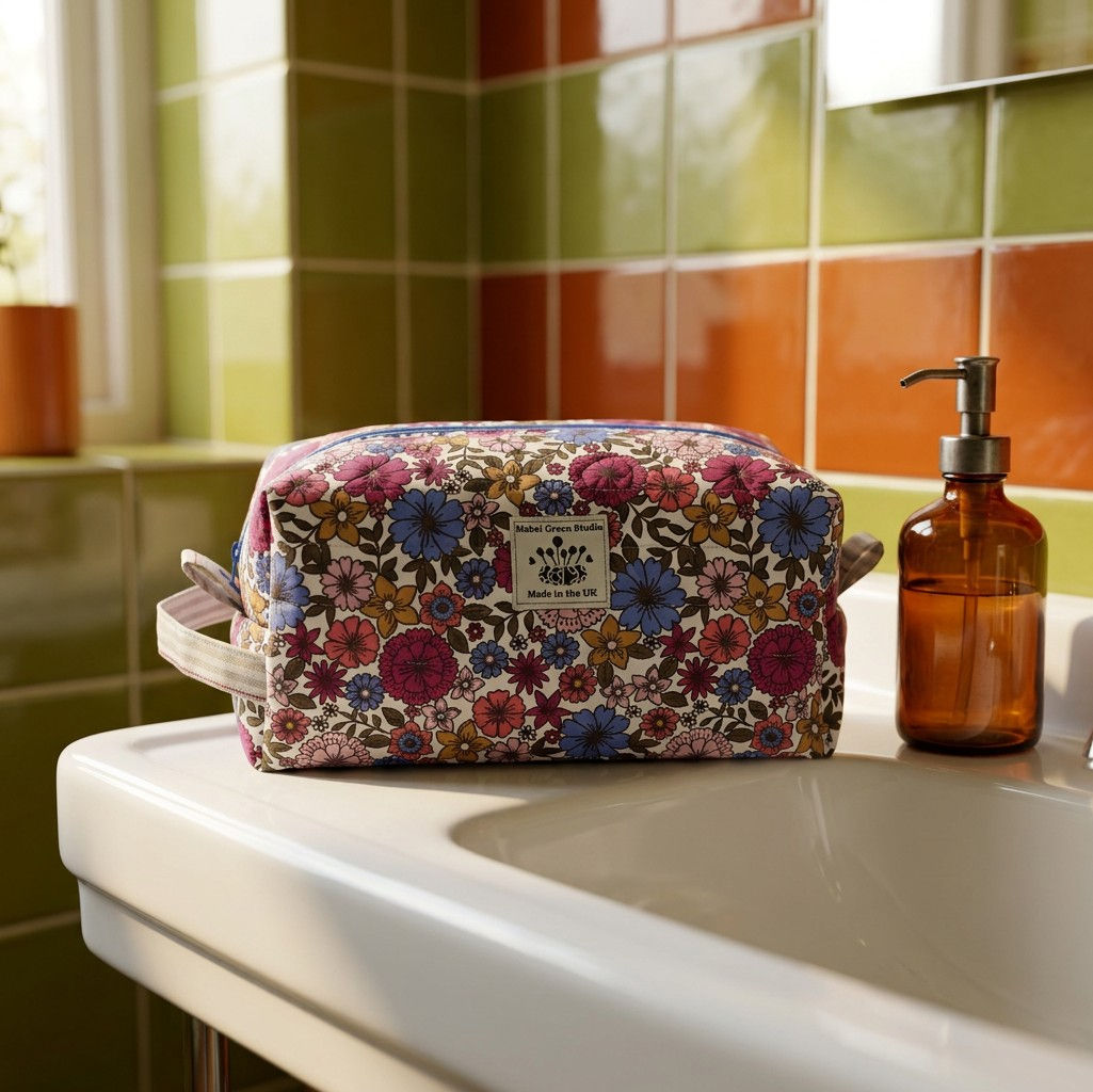 Floral toiletry bag beside a brown soap dispenser on a bathroom sink with colourful tiles and natural light.