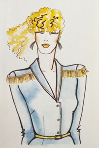 A vintage colour fashion sketch from the book Betty Foster Adapting to Fashion. It shows a woman modelling a structured, ice-blue single-breasted jacket featuring strong padded shoulders, military-style gold epaulets with hanging fringe trim, and a high-waisted belt silhouette.