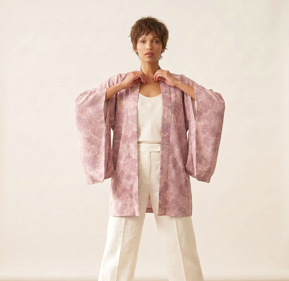 Front view of a light pink patterned kimono jacket over a white top and wide‑leg trousers, hands adjusting the collar.