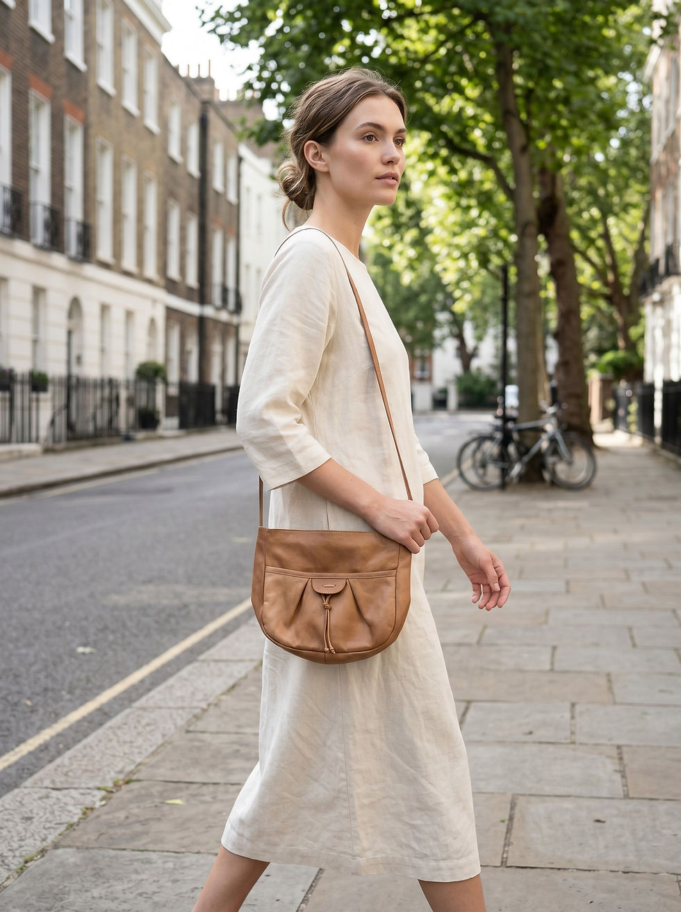Person walking along a quiet tree-lined street wearing a light long-sleeved dress and carrying a tan leather shoulder bag.