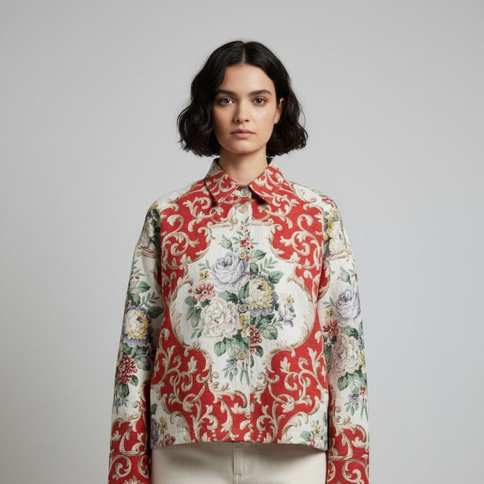 The jacket is made from Beaulieu, a named mid‑century furnishing fabric produced by Story Fabrics of London.
The print features richly detailed florals and scrolling motifs in warm reds, greens, creams, and golds — a classic chintz‑style design typical of British home‑décor textiles from the 1950s–1970s.