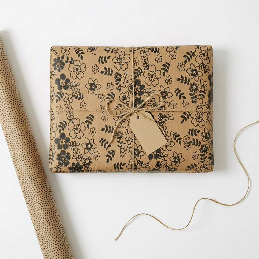 Gift wrap including patterned Kraft paper on a roll with natural hessian twine