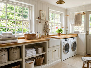 A beautiful utility room with piles of folded towels and linen hanging up to dry