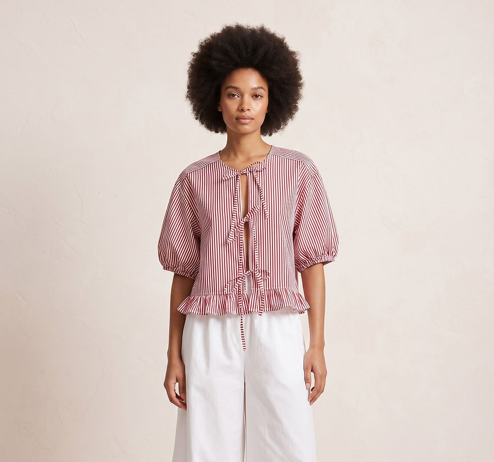 Model in a red-striped upcycled reversible blouse with front fabric ties, puff sleeves, and wide-leg white trousers.