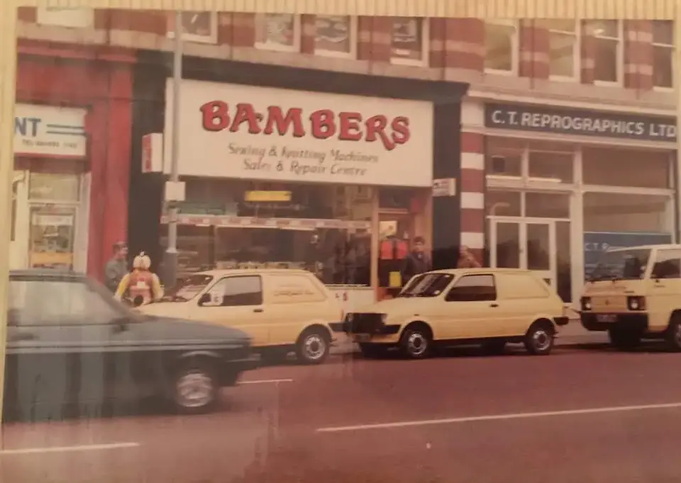 Photograph of Bamber Sewing Machine shop in the 1980s when located on Deansgate, Manchester.