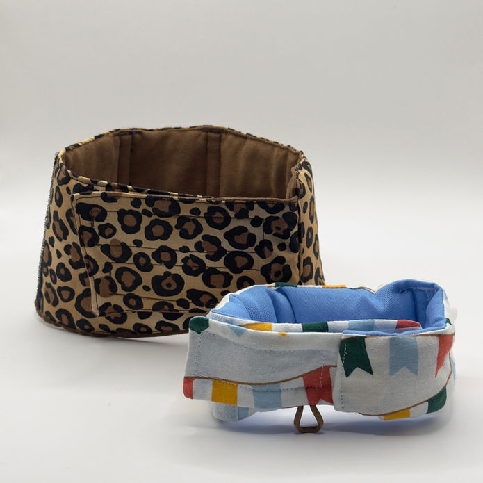 Two handmade accessories: leopard print basket and flag pattern bowl