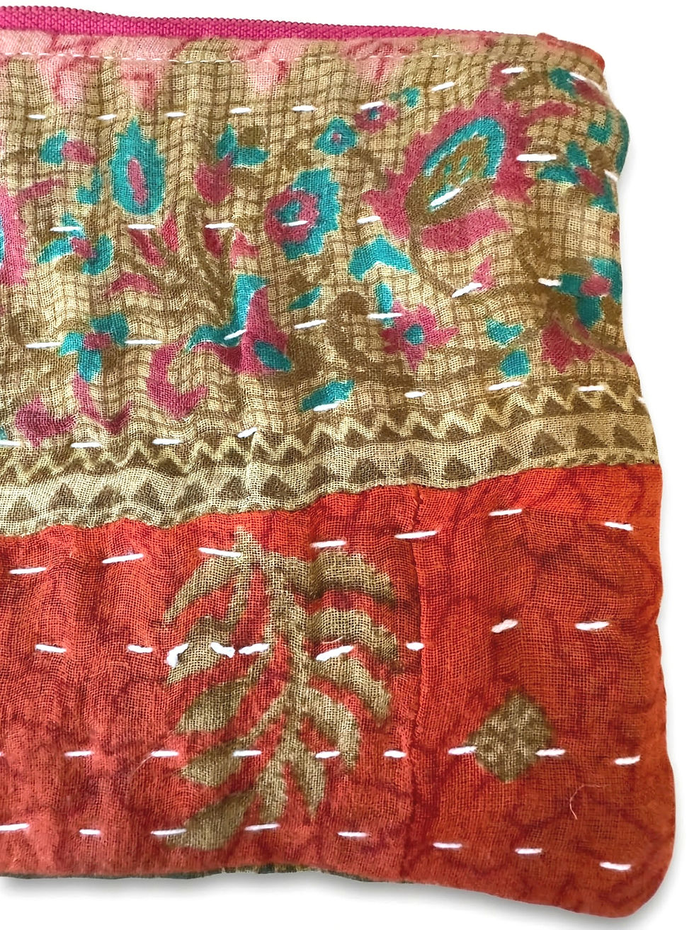 Fabric with floral and leaf patterns, white stitching