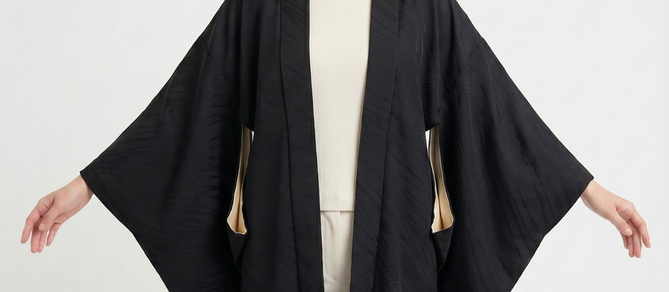 Model wearing a mid-century black silk Japanese haori jacket over a modern cream outfit to demonstrate contemporary styling.