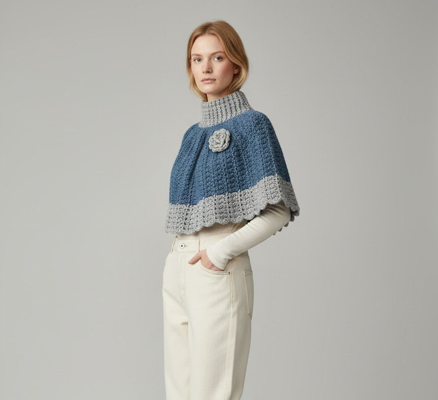 Woman wearing crocheted cape with lace edging