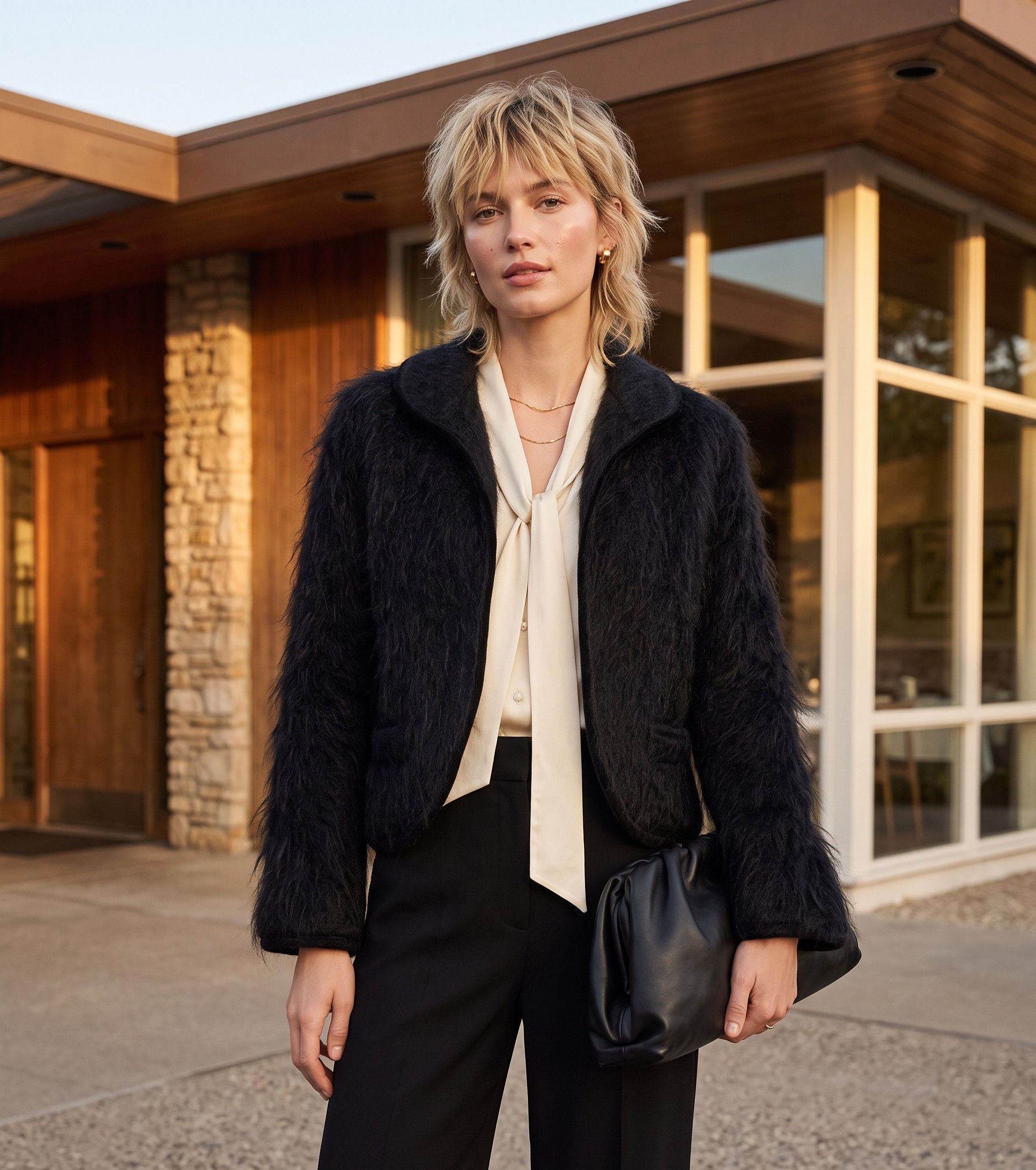 Woman in a vintage 1960s cropped black mohair jacket with flared bracelet sleeves and a cream silk blouse.