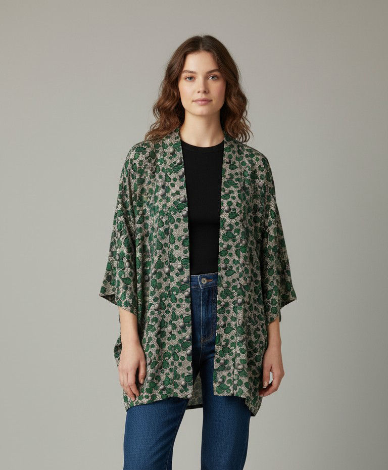 Woman in green patterned kimono jacket